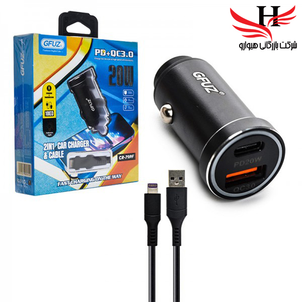 تصویر شارژ فندکی 20 وات دو پورت با کابل آیفون GFUZ-CR-79PF