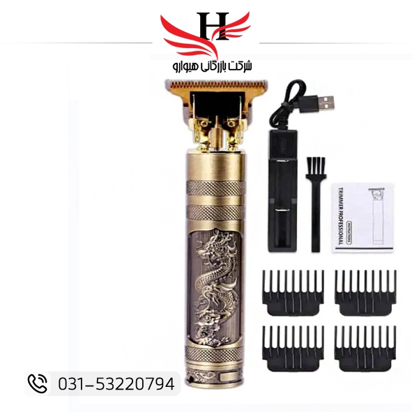 ماشین اصلاح خط زن فلزی VINTAGE T9 با تیغه استیل ضد زنگ و بدنه حکاکی‌شده